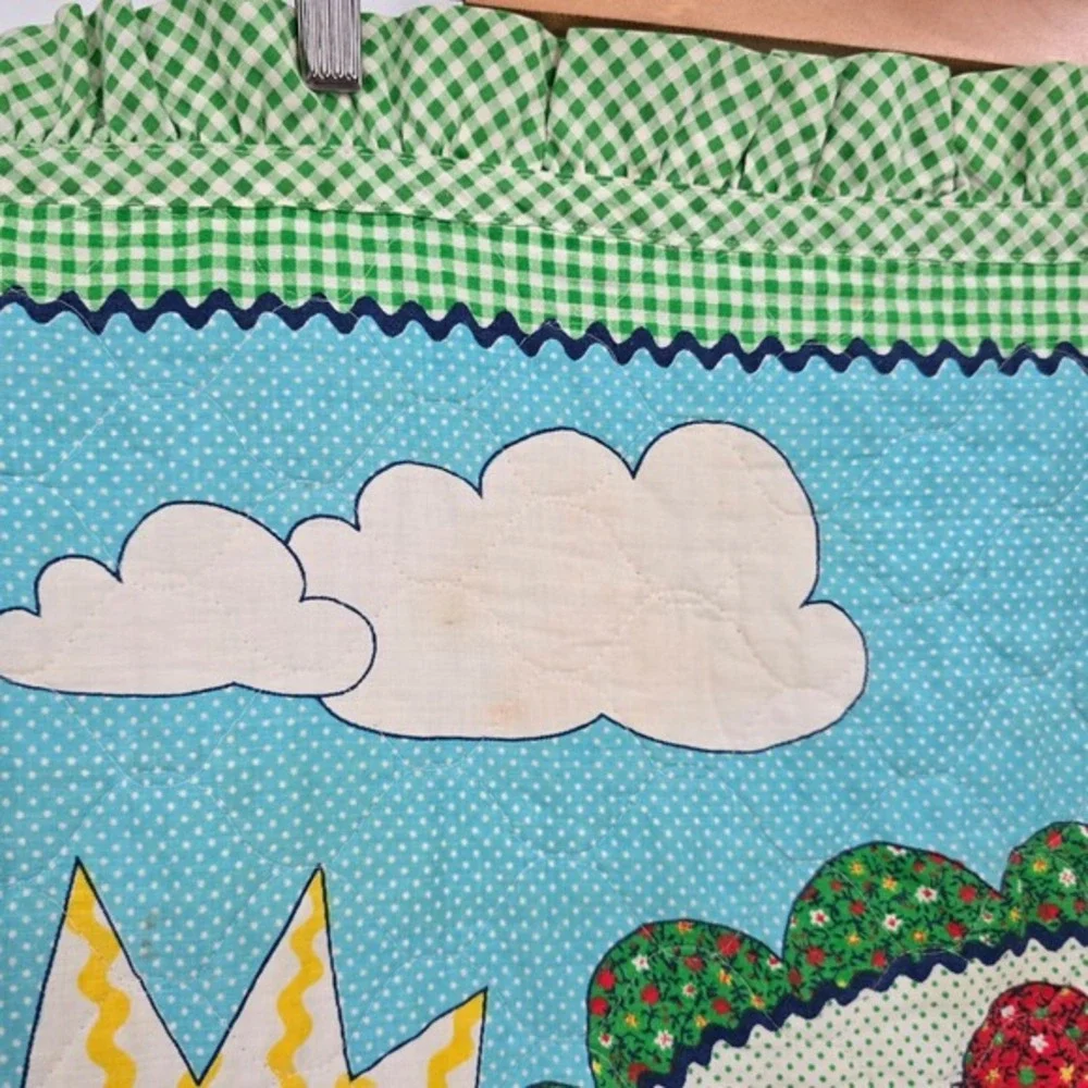 Vintage Thats Our Baby Quilted Nursery Blanket Green Gingham Ruffle‎ Train Sheep